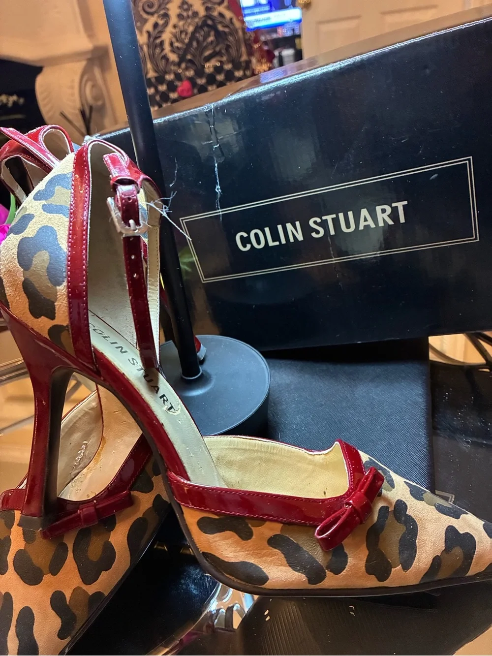 Colin Stuart Leopard Print Pumps with Red Patent Trim